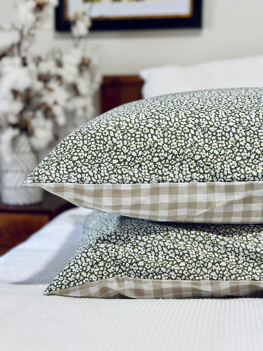 Feather Meadow + Beige Gingham Standard Pillowcase