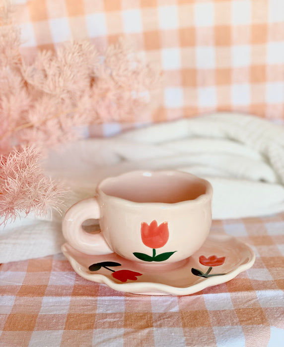 Pink Tulip Teacup + Saucer Set